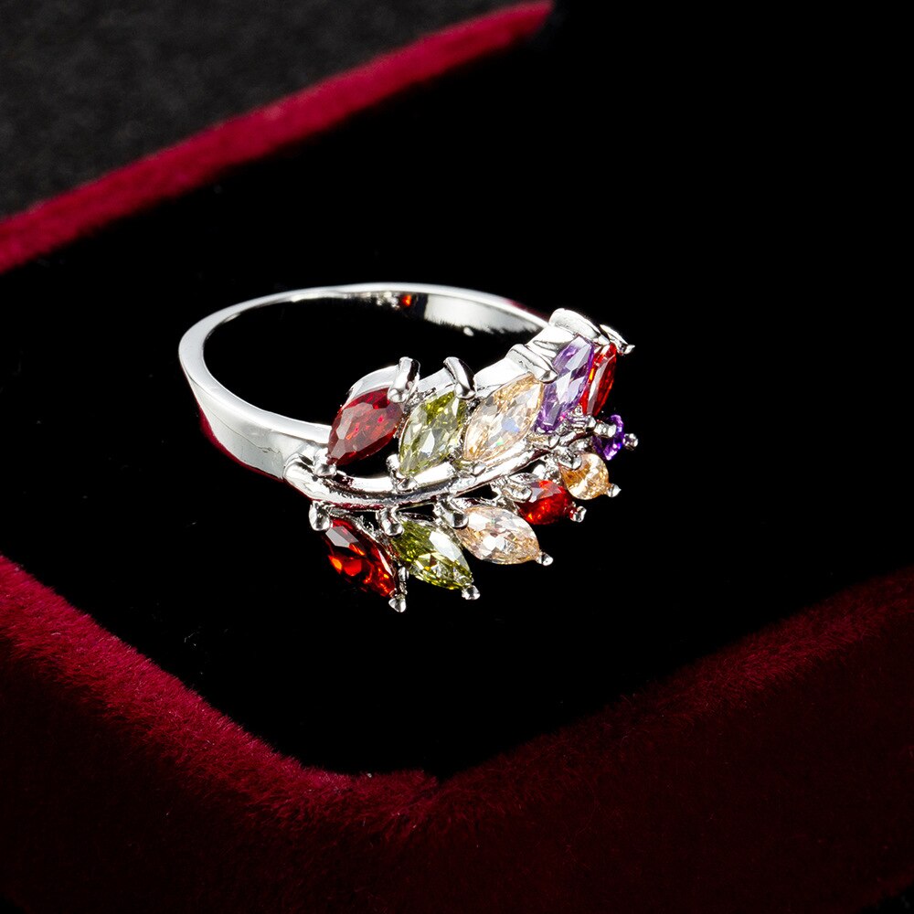 Valentine's Day Silver Color Leaves Tree Branch Ring For Woman Girls Simple Anillos Aneis Multicolors Crystal Silver Finger Ring