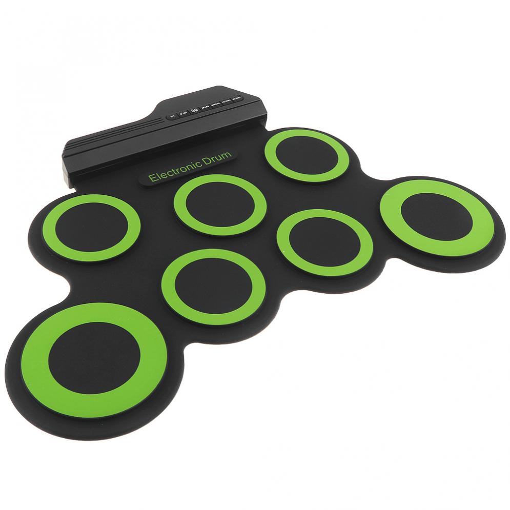 Bærbar elektronisk digital usb 7 pads oprulningssæt grøn silikone elektrisk trommesæt med trommestikker og sustainpedal