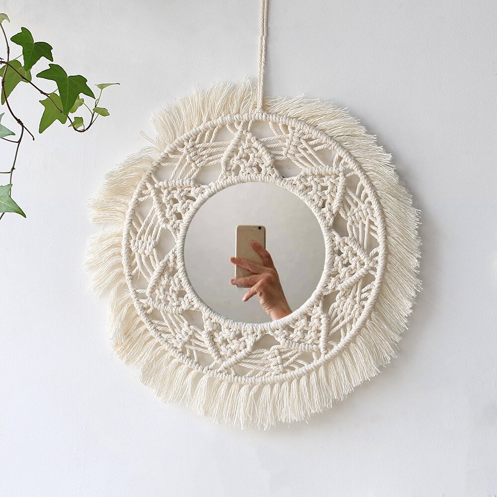 Espejo de pared colgante con flecos de macramé, redondo, bohemio, decoración artística para apartamento, sala de estar, dormitorio de bebé, guardería, entrada: 08