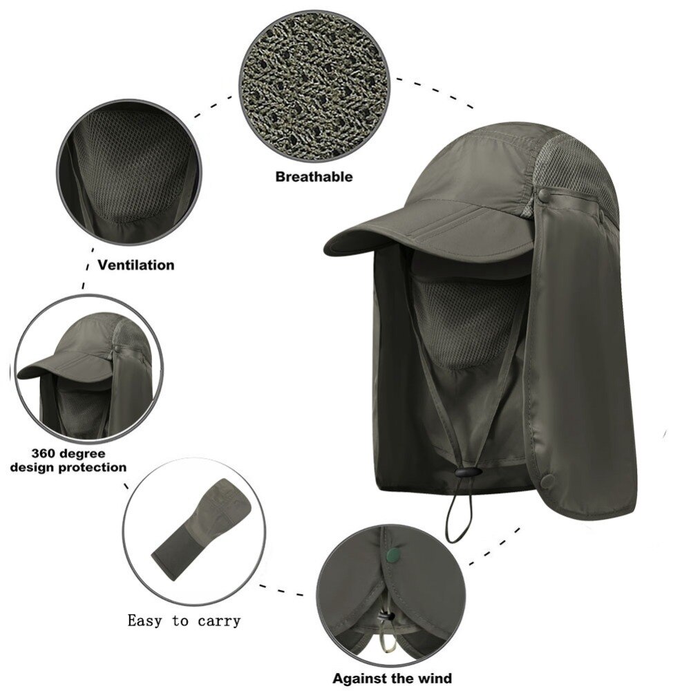 Gorros con solapa de nailon de secado rápido para exteriores, con correa para la barbilla, protección UV de 360 grados, mascarilla facial plegable empaquetable