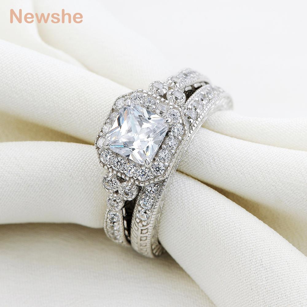 Newshe Genuine 925 Sterling Silver Halo Wedding Engagement Ring Set 1.2 Ct AAA Princess CZ Classic Jewelry For Women JR4970