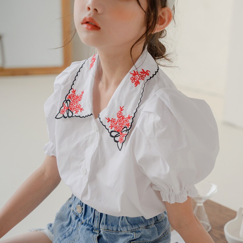 Blusa de algodón con manga abombada para niñas y adolescentes, blusa bordada de ,