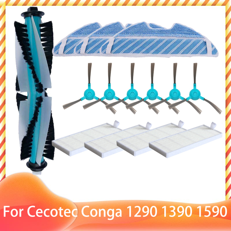 Compatible con Cecotec Conga 1290 1390 1590, accesorios, rodillo, Cepillo Lateral principal, filtro Hepa, fregona, repuestos: Azul