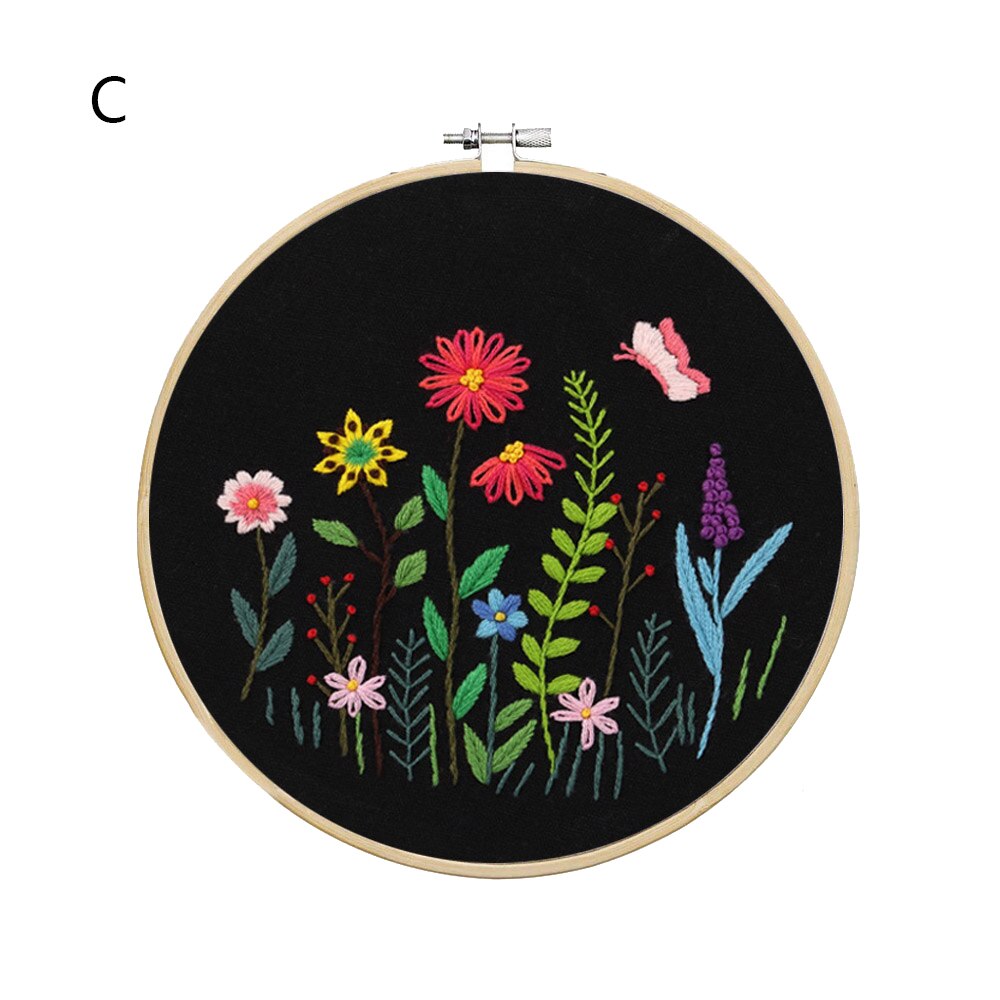 Starter Kit Embroidery Hoop Kit Sewing Craft Kit Needlework Tools Round Printed Flowers Plants Pattern Diy Handwork Threads Tool: C
