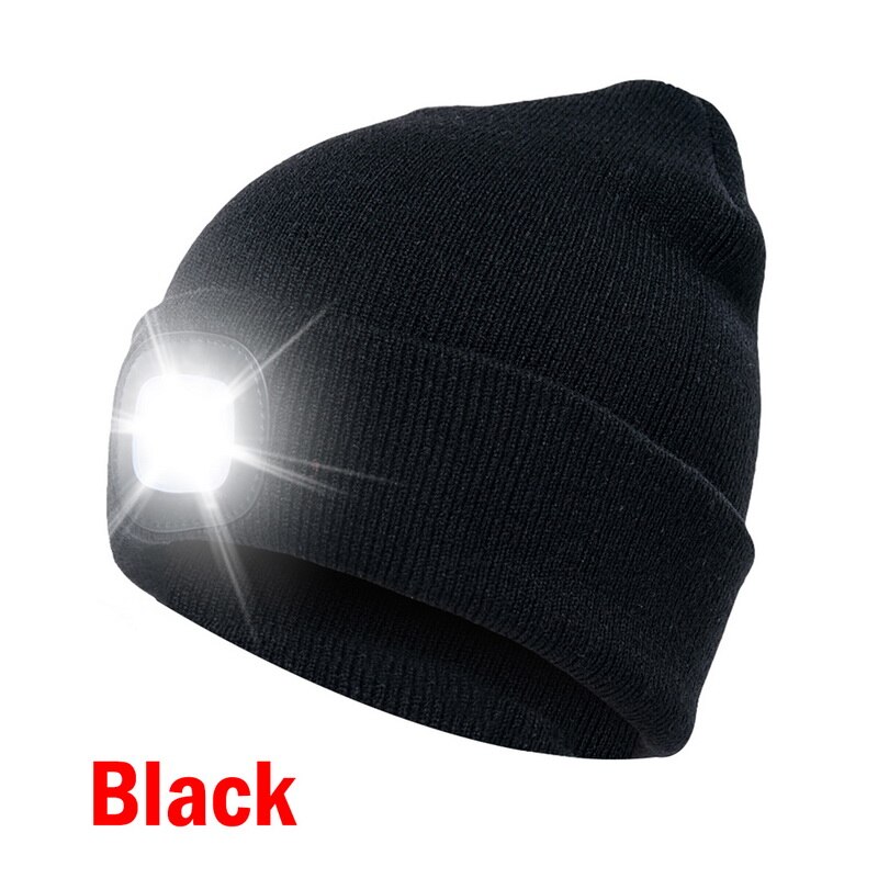 LED Light Headlights Skull Caps Unisex Button Battery LED Light Beanie Cap Winter Warmer Knit Caps Hat: black