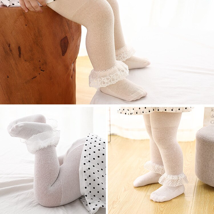 Spring Mesh Thin Lace Baby Pantyhose Kids Girls Princess Tights Cute Flower Children Stockings White Soft Cotton Hosiery