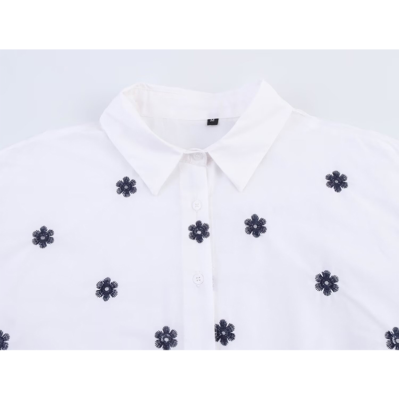 YENKYE Blumen- Stickerei Weiß Ernte Shirt Frauen Bluse Vorne Revers Kragen Langarm lässig Büro Hemden Blusas Mujer