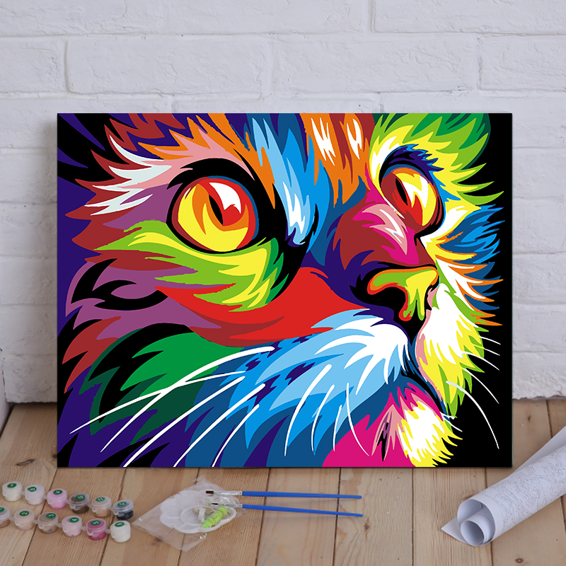 Colorful Cat Animals DIY Oil Painting By Numbers W   Grandado