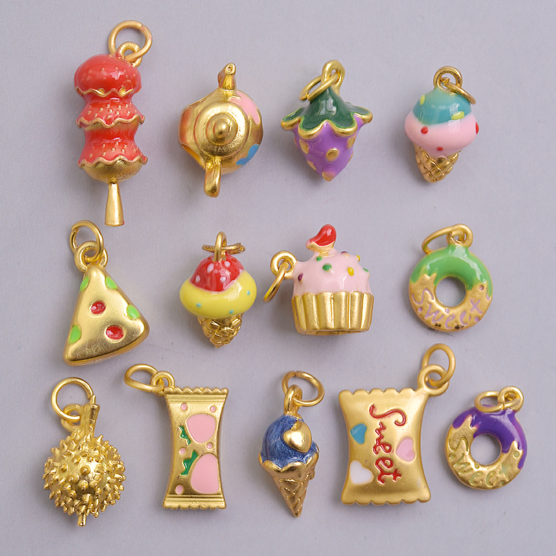 13pcs/Lot Mix Dessert Cake Ice Cream 3D Gold Color Enamel Charms For Jewelry Making Supplies Candy DIY Cute Pendant Accessories