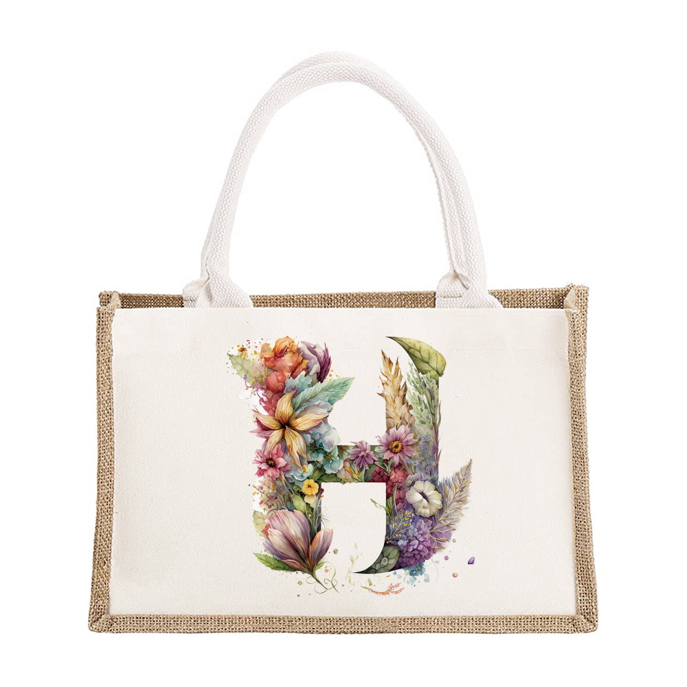 Sac à bandoulière en lin de grande capacité, sac de Shopping pour femmes, motif imprimé de lettres florales, sac d'imitation de Jute: Marron