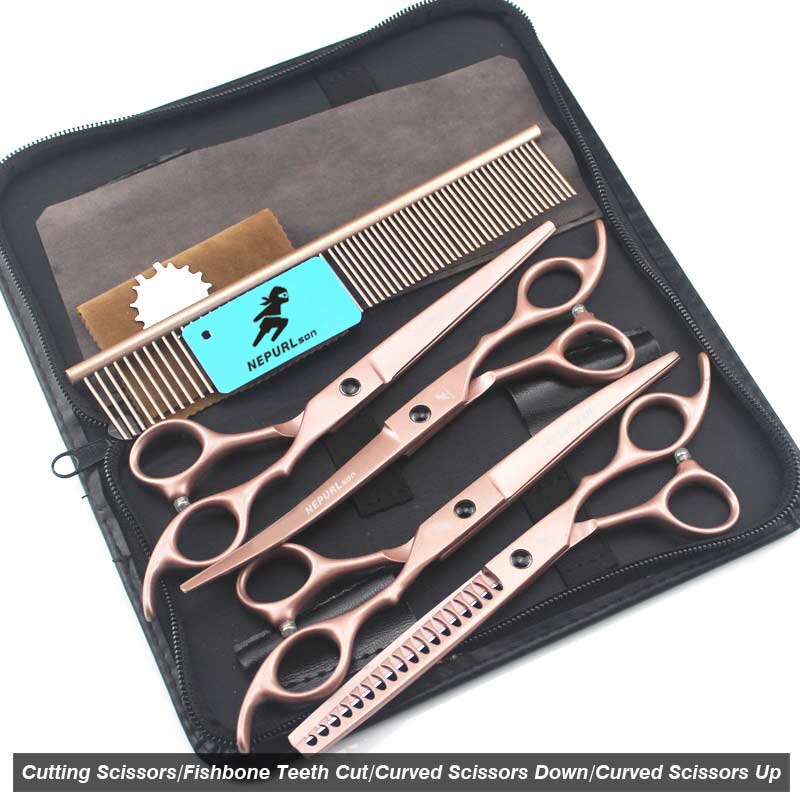 7.0inch pet grooming scissors set straight cut teeth cut fish bone scissors prt grooming: Set 4