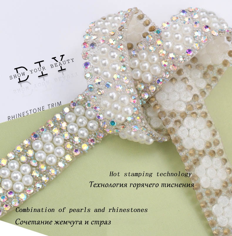 Qiao 1 yard / lot abs runde perleperler trim strass dekoration strass bånd krystal applikationer til tøj sko gør