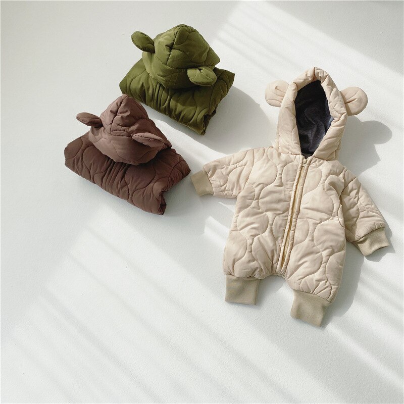 Vinter baby drenge og piger varme quiltede søde bjørne lange ærmer bukser 0-2 år spædbørn børn tyk lynlås hætte jumpsuits