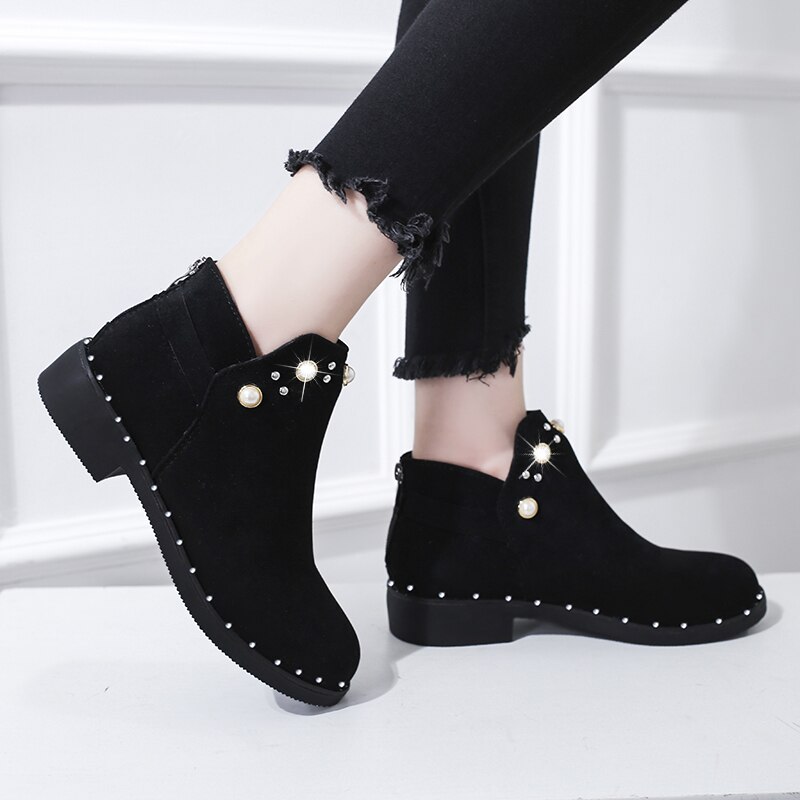 Winter Stiefeletten Für Frauen Schuhe Perle Stiefel Schwarz botas mujer chaussures femme Punk flache Stiefel Korn damen stiefel 7642