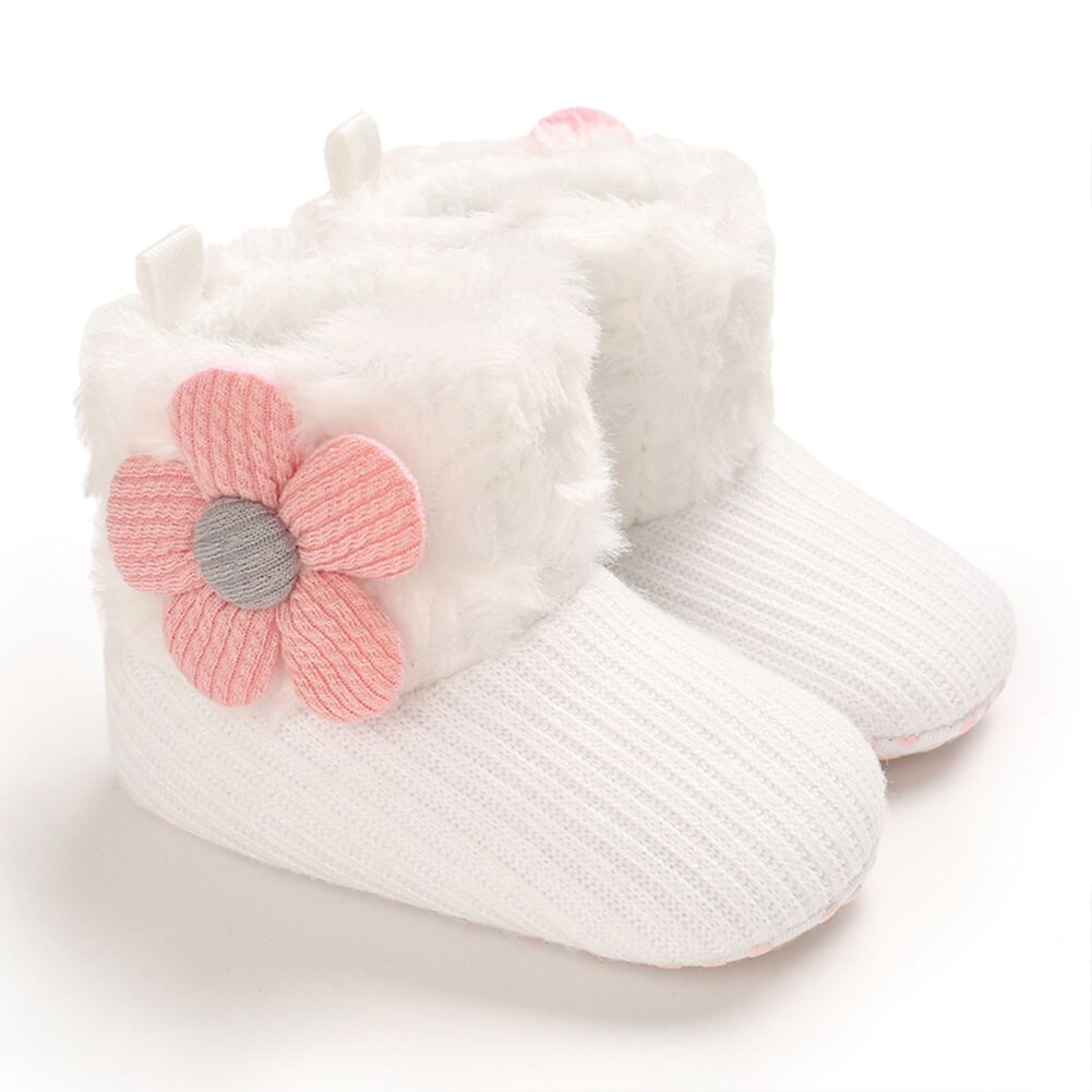 0-18m bébé filles bottes de neige doux fausse fourrure tricot fleur chaussons anti-dérapant infantile Prewalkers: C / 0-6 mois