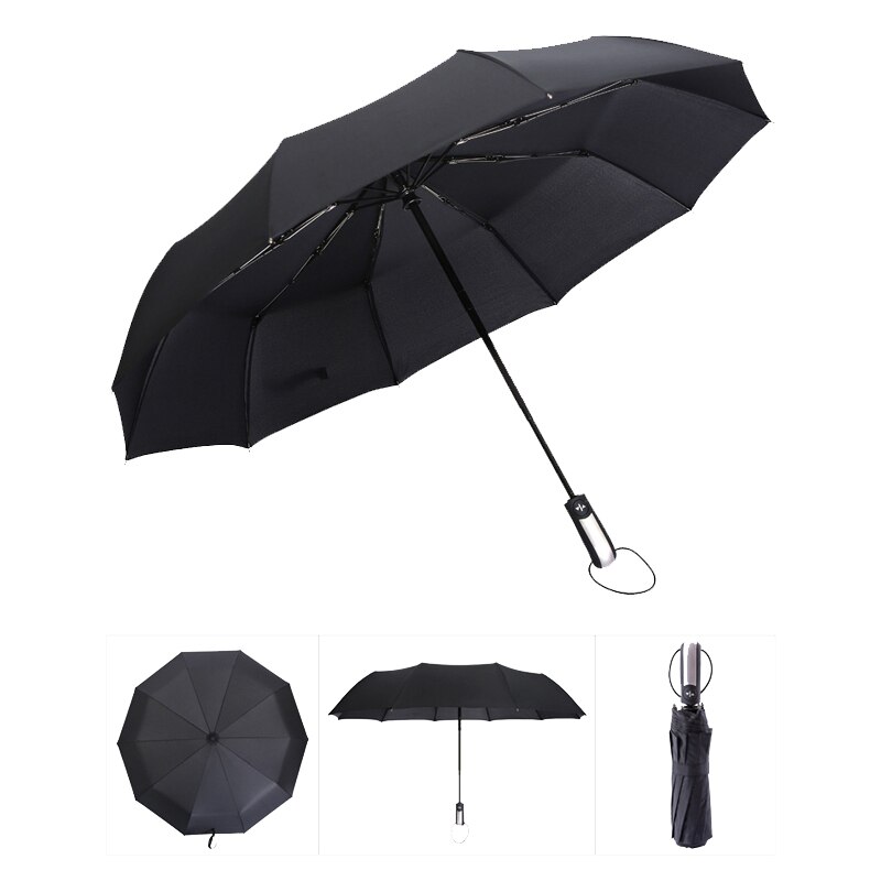 Paraguas resistente al viento totalmente automático paraguas para lluvia para hombres 3 paraguas plegable de paraguas compacto grande de viaje de negocios coche 10K paraguas: Black