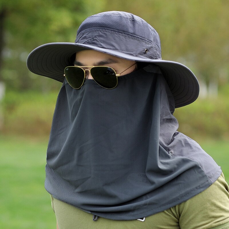 Höstsolhatt män kvinnor hinkhatt med nackskydd utomhus uv-skydd stort brett rand vandringsfiske mesh andas mössa: Qj1297sh
