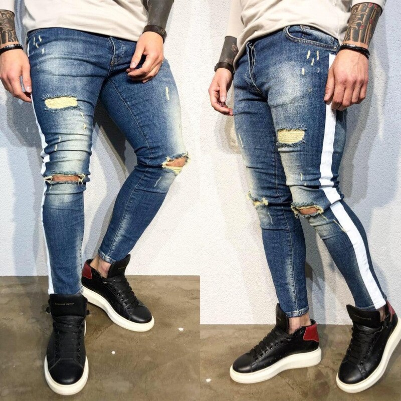 Men's Skinny Ripped Denim Destroyed Cool Comfy Stretch Stripe Trim Pants Fit Plus Size