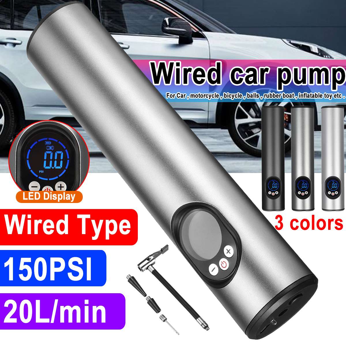 3 Buttons LCD Handheld Inflatable Pump Tyre Portable Compressor Digital Car Tyre Pump Preset Pressure 12V 150PSI 20L/min