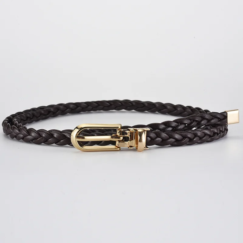 Ceinture tressée pour femmes, avec boucle dorée, ceinture fine décontractée pour étudiantes, accessoires de vêtements pour dames: Dark Brown