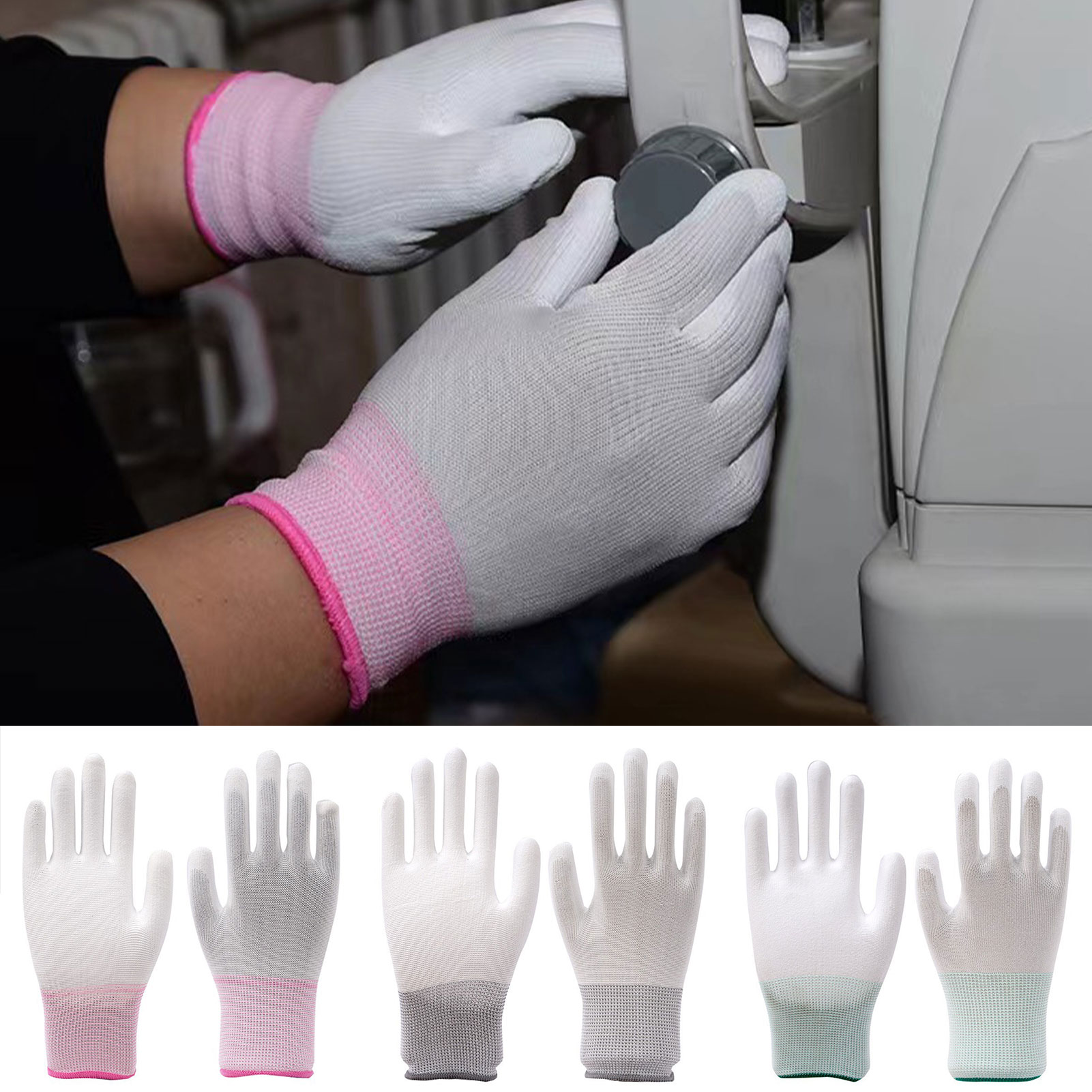 12 par antistatiska handskar nylon esd arbetshandskar pu-belagda handflata-/fingrar bärbara slitstarka isolerade handskar