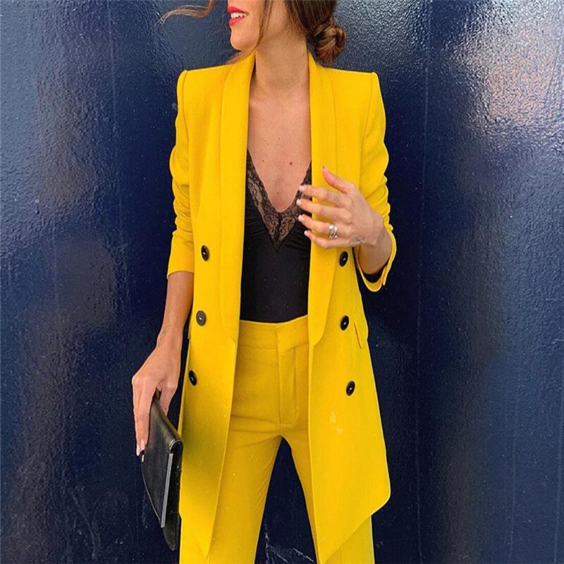 Women's suit jacket spring and summer lapel long sleeve double-breasted suit jacket yellow jacket: S