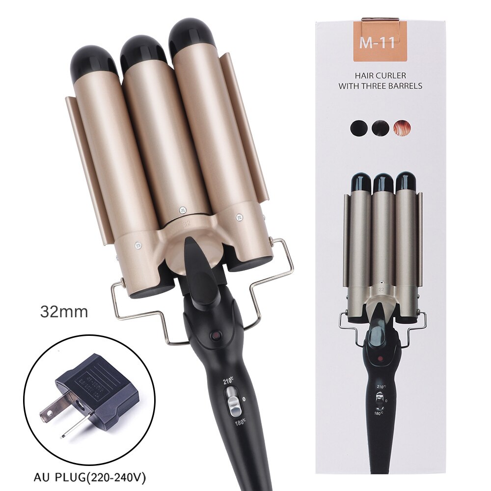 Prancha modeladora de cachos profissional, aparelho de ferro e cerâmica para encaracolar e ondular o cabelo, modelador de cabelos com três cilindros: 32MM AU PLUG