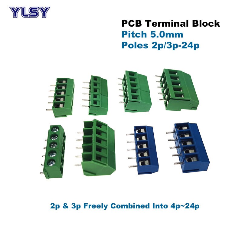5Pcs Pitch 5.0mm PCB Screw Terminal Block Wire Connector Straight Right Angle Pin 2/3P Morsettiera Cable 1.5/2.5mm2 10-20A