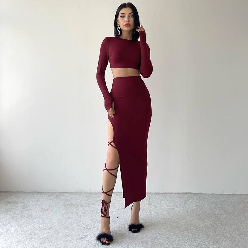 CUTENOVA – pull à manches longues, haut court Simple, taille élastique, col licou, fente haute, sans jambes, cravate Sexy, couleur unie, demi-jupe