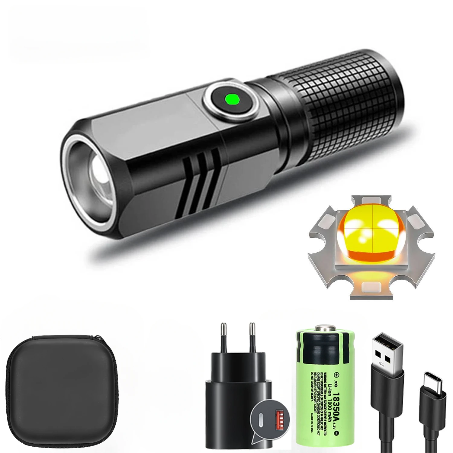 mini-lommelykt xhp 50 ledet usb c oppladbar 16340 18650 batterilommelykt 1500lm kraftig lommelykt kan lukkes med ett klikk: Varm hvit