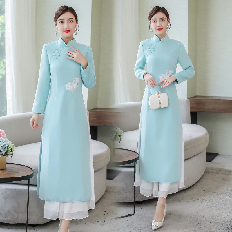 Winter lady party Ao Dai qipao Vietnam style long sleeve dress for women