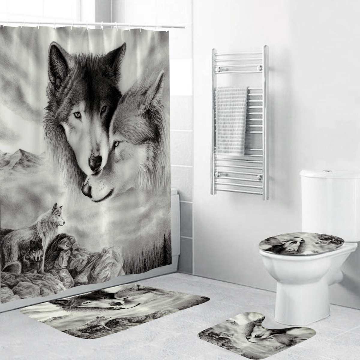 180x180cm 1 Pc/3 pièces/4 pièces blanc loup attrapeur de rêves yeux de loup avec 12 crochets salle de bain rideau de douche tapis de toilette couvercle tapis ensembles de rideaux: 2 Wolves 4Pcs
