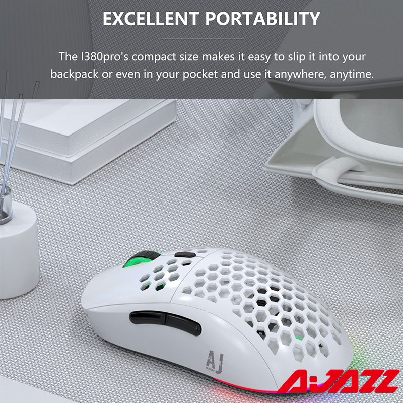 Ajazz  i380 pro 2.4g trådløs spillmus 10000 dpi pmw 3325 sensor Dobbel modus mus oppladbar honningkake bærbare mus til bærbar pc
