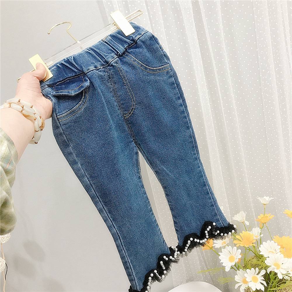 Mode Meisjes Kids Prinses Jeans Flare Broek Lente Herfst Lange Kinderen Baby Lace Kralen Denim Broek Broek S12091