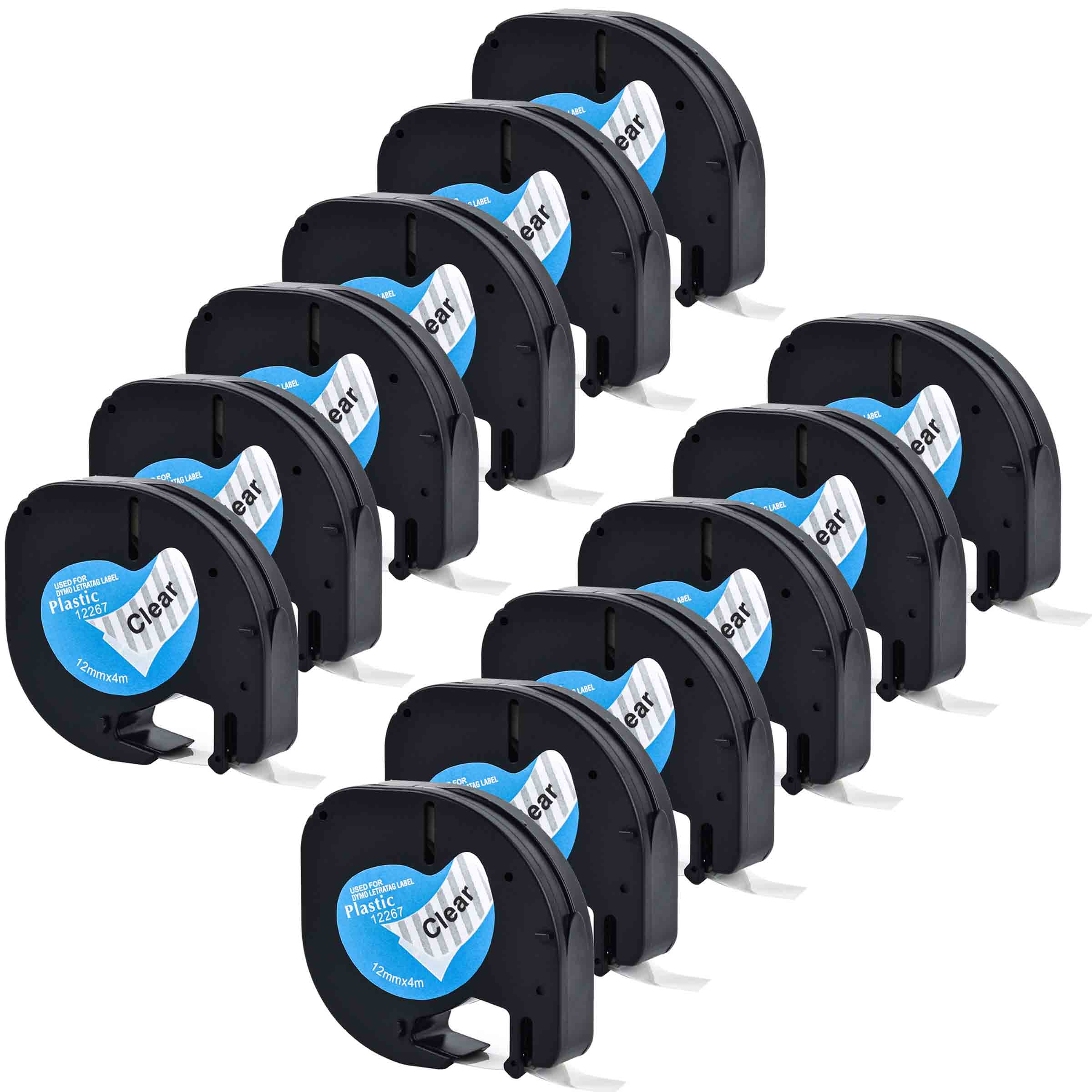 12Pcs Label Tape - 12mm - Plastic & Paper - For Dymo Letratag LT-100H Label Maker: Black on Clear