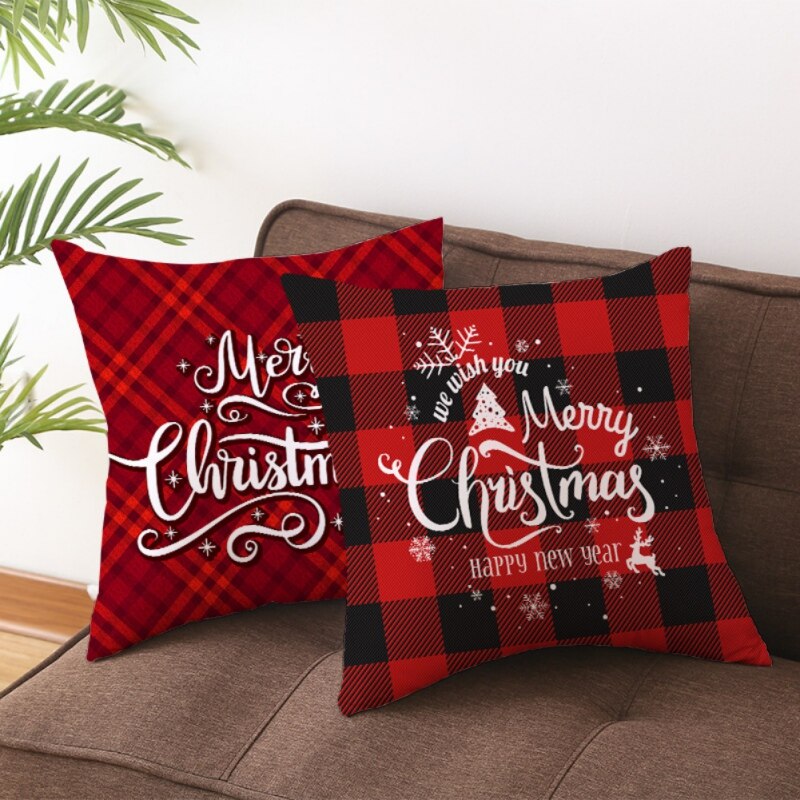 17.7in Double face décoratif thème de noël à carreaux jeter taie d'oreiller rouge vert noir Plaid taie d'oreiller pour la maison