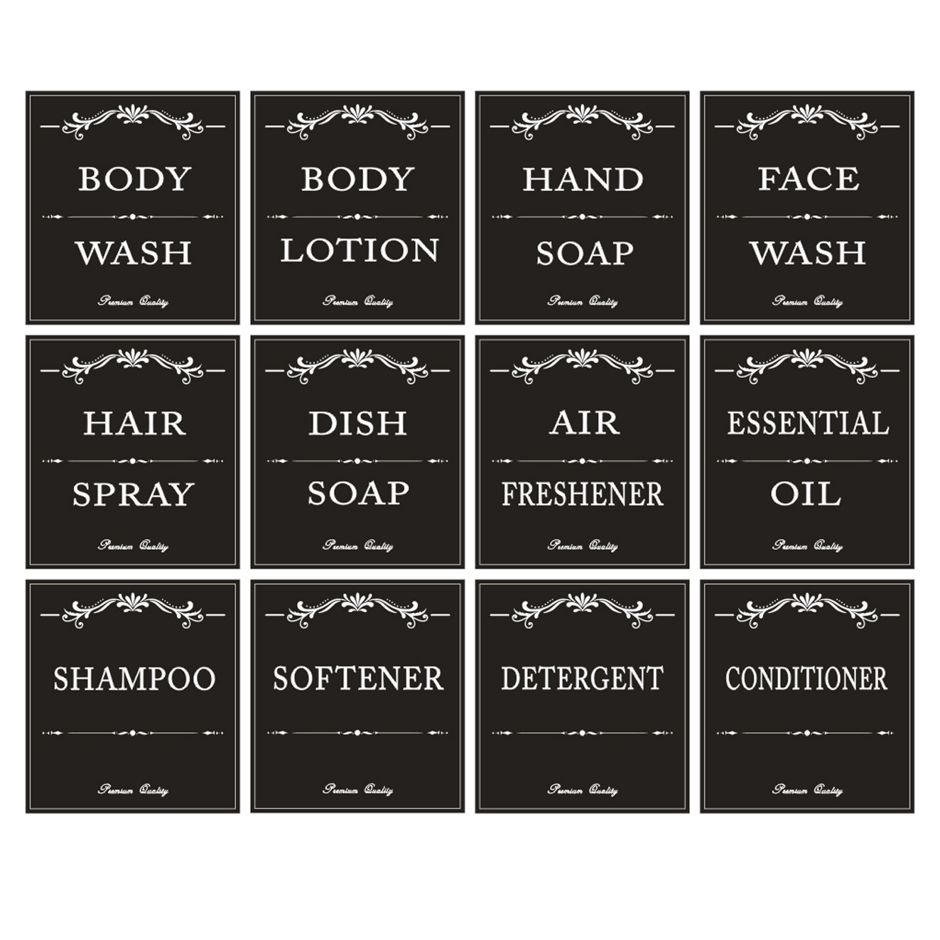 Étiquettes distributeur de savon étanche, étiquette autocollante, ferme, salle de bain, cuisine, savon pour les mains, shampoing, Lotion, après-shampoing, 12 pièces/ensemble: black