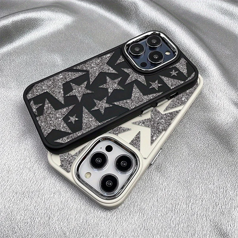 Funda de teléfono plateada con de estrella de cinco puntas para IPhone 16e 15 Pro 16 14 13 12 11 Pro Max 7 8 PIus XR, funda de silicona con marco de Metal