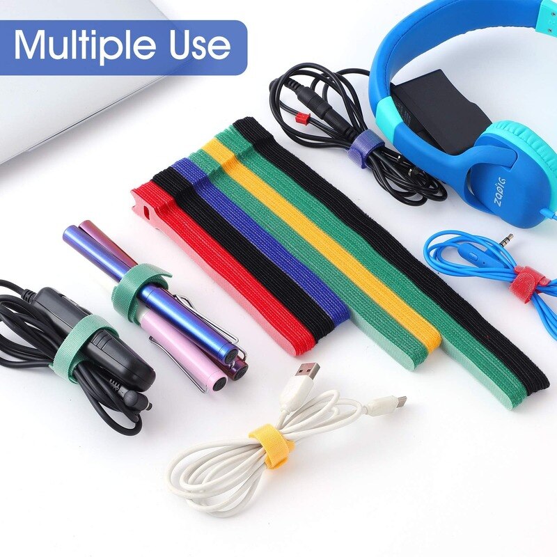 30 Pcs Color Velcro Cable Strap Nylon Cable Ties Magical Glue Self-adhesive Tape and Battery Rod Ring Belt Strap Tie Hook Ring
