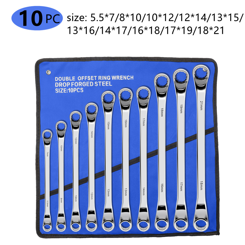 Offset Box End Wrench Set, 45# Carbon Steel Metric 45-Degree, HRC38-45 Long Double Ring Wrench Spanners with Rolling Pouch: Red