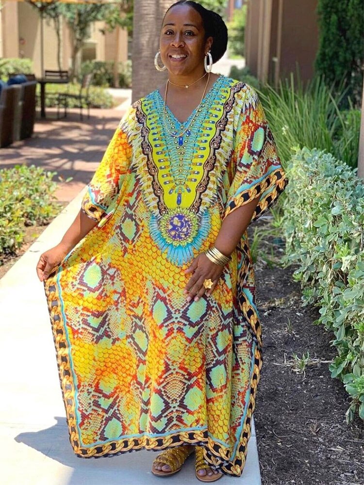 Moroccan Kaftan Boho Print Bikini Cover-ups Sexy Batwing Sleeve Maxi Dress Women Clothing Beach Wear Swim Suit Cover Up Q1394