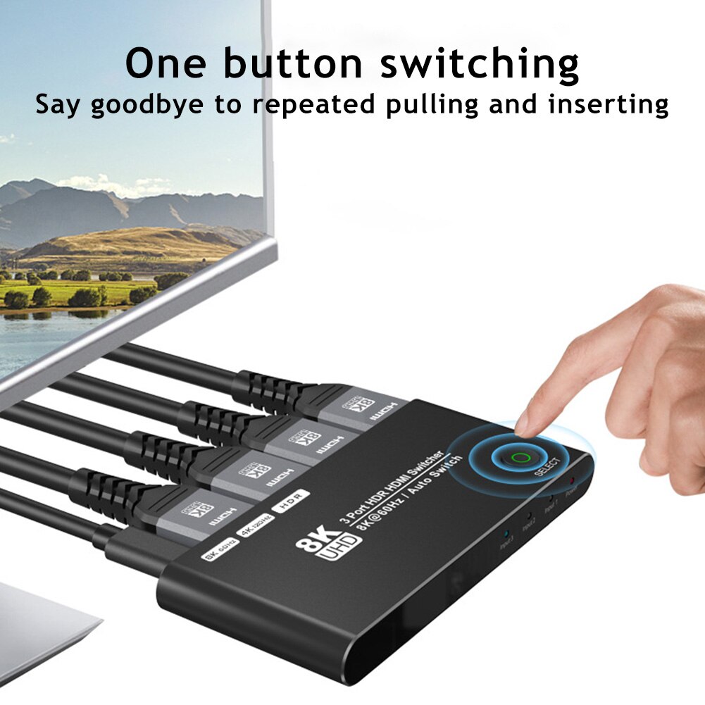 HDMI-compatible Switcher 3-port 8K 60Hz 3-in-1-out Video Cable Splitter for connecting multiple devices to TV/monitor