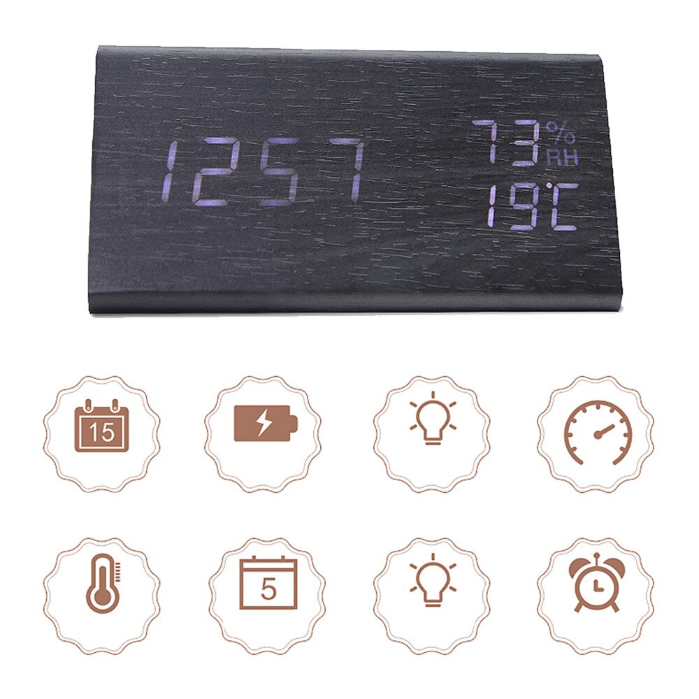 Digital Clock Wood Alarm Clock LED Electronic Display Temperature Humidity Sensing Clocks Bedroom Mirror Time Clock