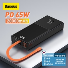 Baseus 65w power bank 20000mah com tipo c two-way cabo bateria externa para o telefone e notebook, três-port de carregamento rápido