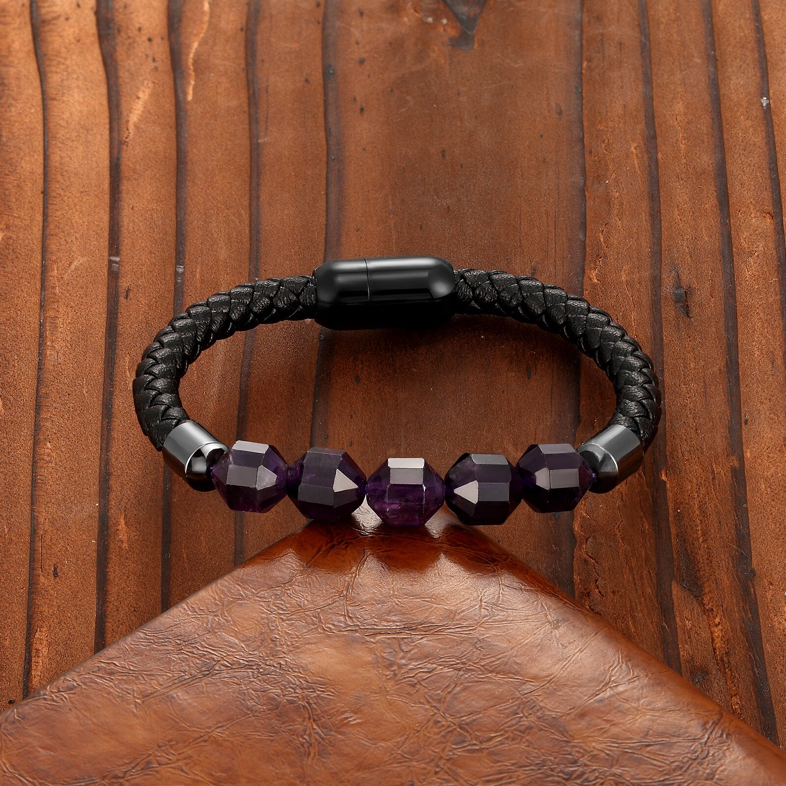 neue Geometrische Natürliche Amethyst Energie Armbinde OL Stil 316 Edelstahl Einzigen Schicht Leder Seil Damen Armbinde Juwel