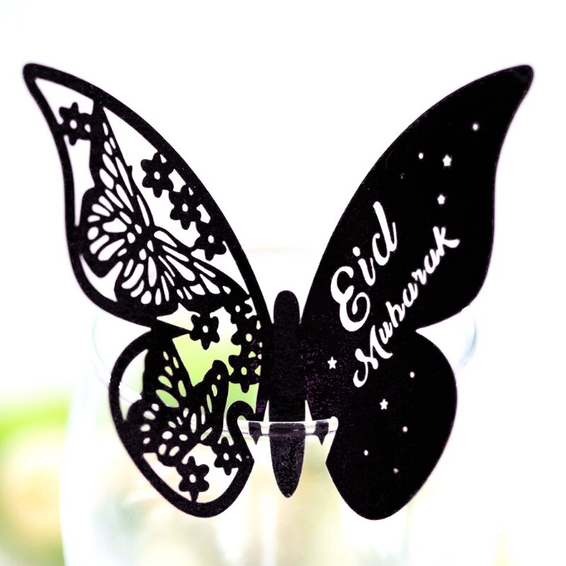 100Pcs 3D Vlinder Nummer Naam Papier Plaats Kaarten Wine Glass Cup Card Eid Mubarak Ramadan Wedding Party Decoratie