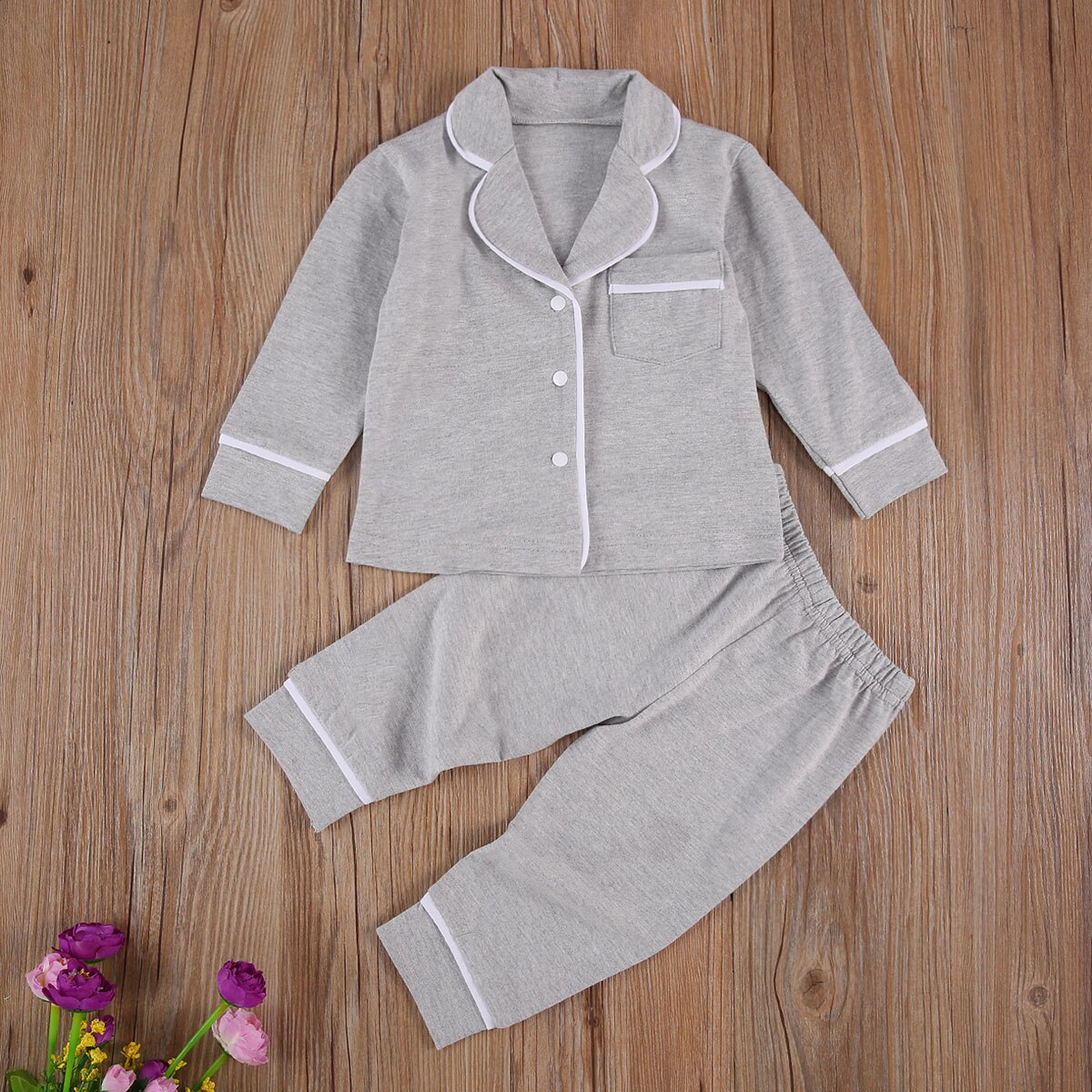 Kleinkind freundlicher Baby Mädchen Jungen 2Stck 100% Baumwolle Schlafanzug setzt Langarm Jacke Hemd Hosen Feste Nachtwäsche 6M-5Y