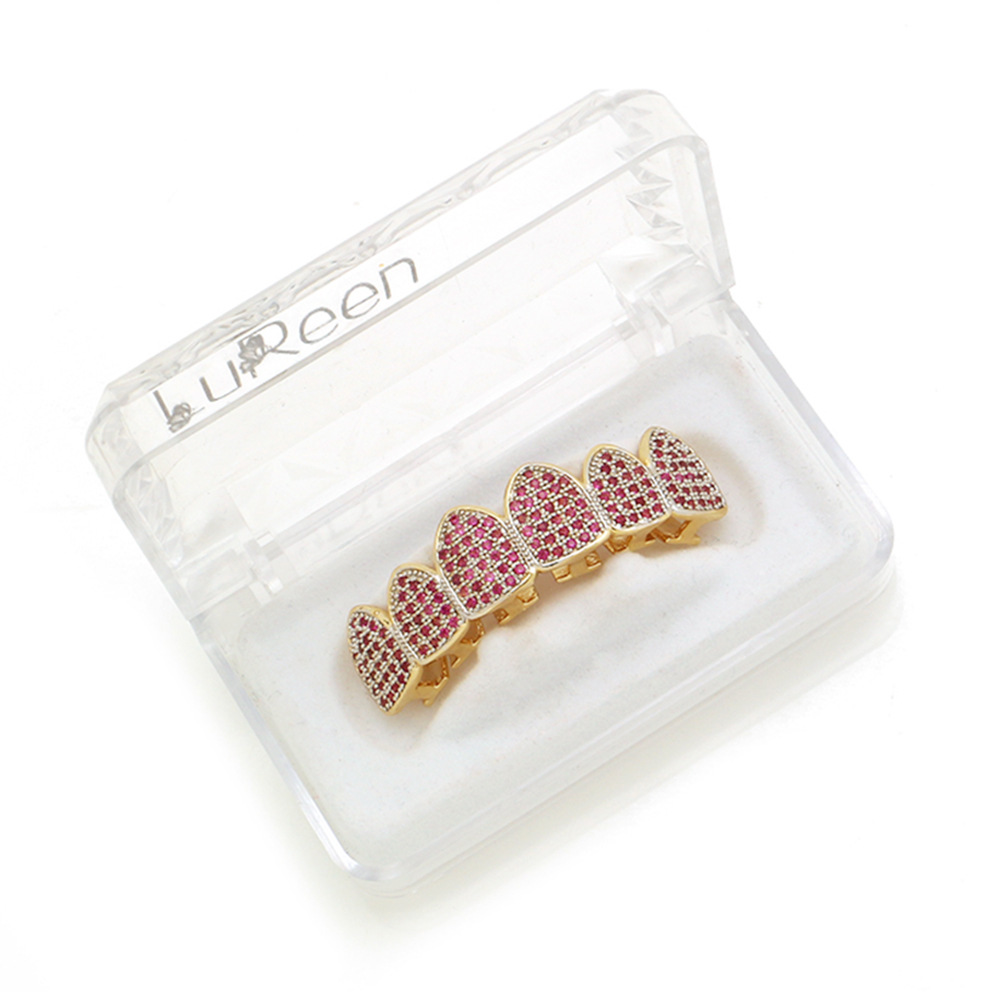 1set Hip Hop Rock Teeth Grillz Pink Diamond Tooth Gems Jewelry Top &amp; Bottom Teeth Braces Set for Men Women Halloween