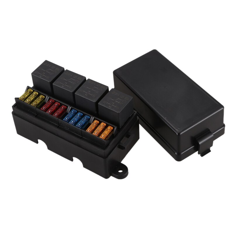 -Caja portafusibles de cuchilla de 12 vías con terminales de pala y fusible 4 Uds 4 pines de 12V 40a relés para remolque y barco de camión de coche