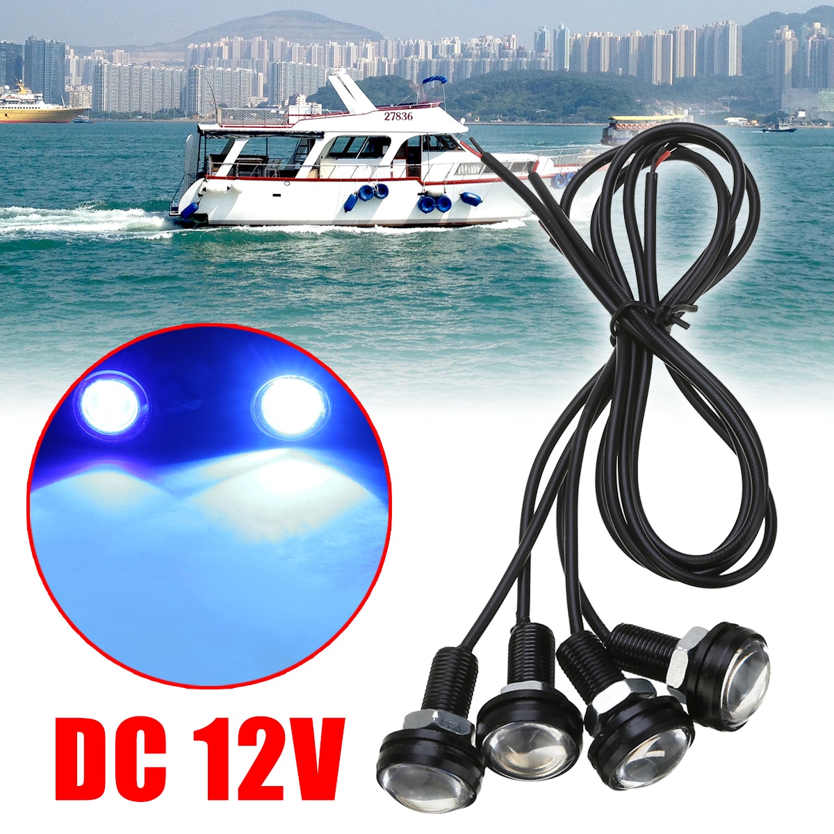 4PCS Blue LED Boat Light 12V 3W Waterproof Outrigger Spreader Transom Underwater Lights for Car Boat Marine